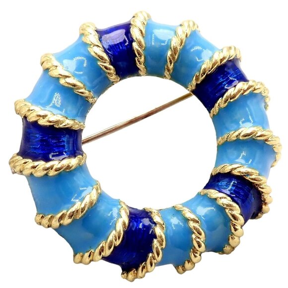 Rare! Vintage Tiffany & Co 18k Yellow Gold Blue Enamel Circle Rope Brooch Pin - Picture 1 of 13